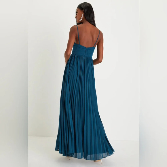 Lulus Sensational Charmer Teal Blue Pleated Sleeveless Maxi Dress M Wedding Prom - Picture 4 of 9